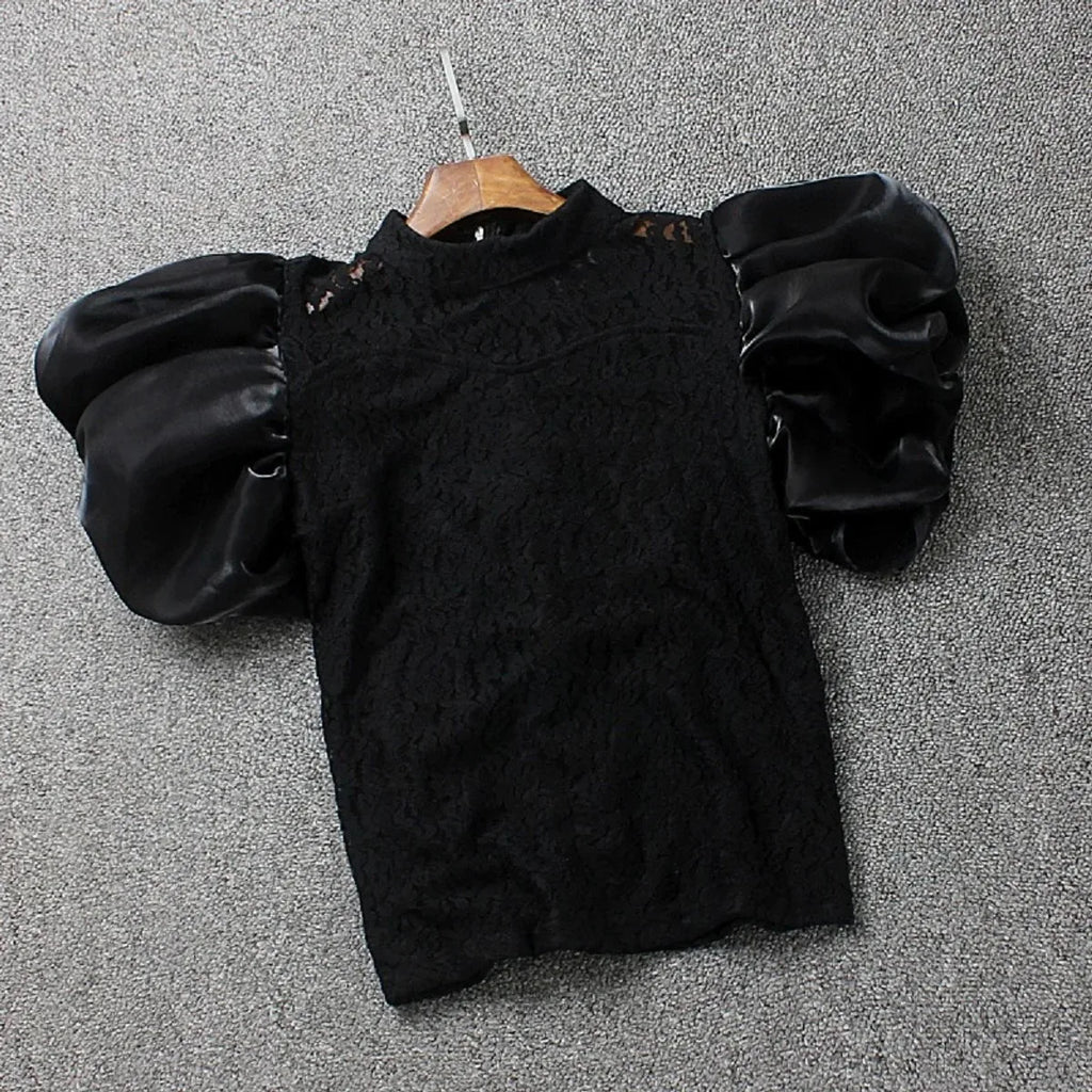 Women  Blouse Ruffled  Mesh  Summer Casual Loose Tops Korean Fashion Lantern Short Sleeve Shirts Vintage Solid Round Neck Tee
