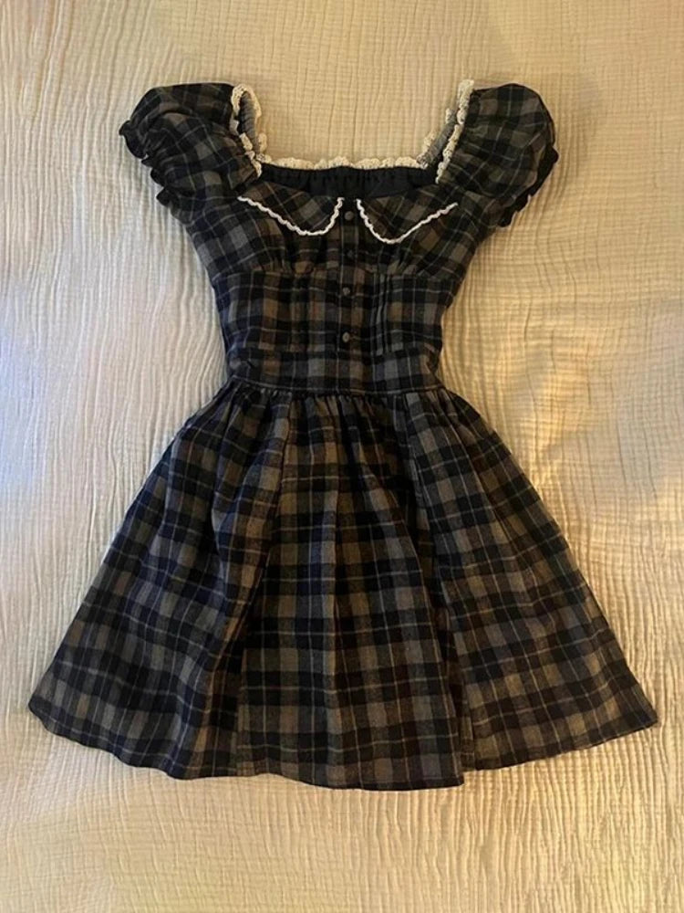 Spring Sweet Vintage Elegant Woman Dress Y2k Puff Sleeve High Waist Fake 2 Piece Mini Dress Female Doll Collar Chic Outfits 2025