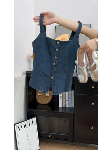Retro Color Blo Denim Square Collar Vest Strap Women's ort Svel Top Summer New Sle Outdoor Wear Hot Girl