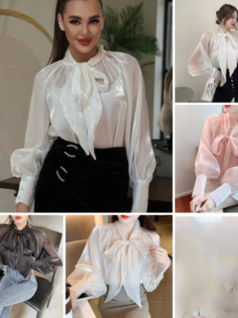 Korean Sle  Knot Bubble Sve irt Women's New 2026 Ele Faionable Chiffon See-tough Top Long Sve Stan...
