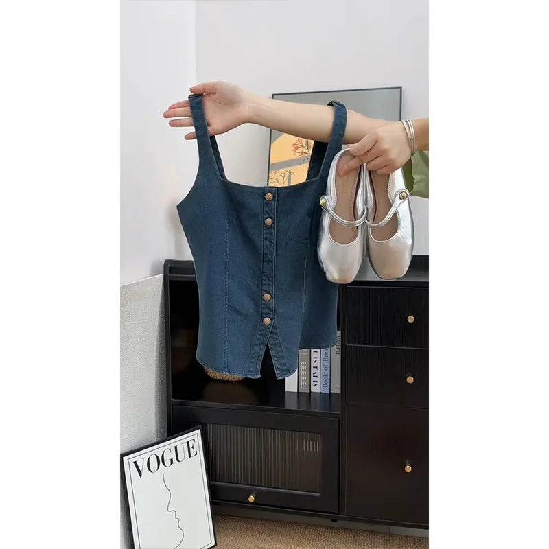 Retro Color Blo Denim Square Collar Vest Strap Women's ort Svel Top Summer New Sle Outdoor Wear Hot Girl