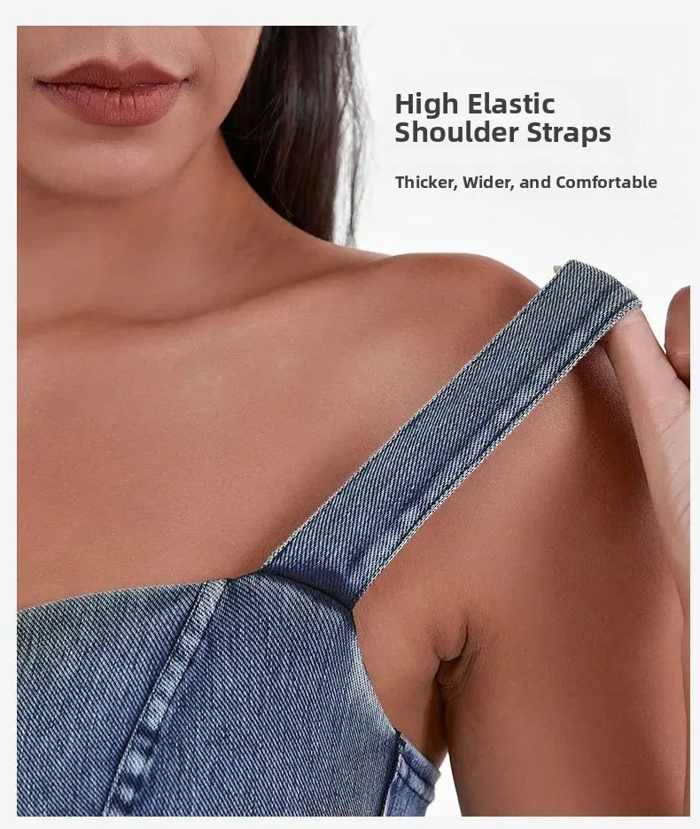 Women's Imitation Denim Fitn Yoga Vest High Elastici A-Line Narrow Strap Vest Eco-Friendly RPET Material No Chest Pad