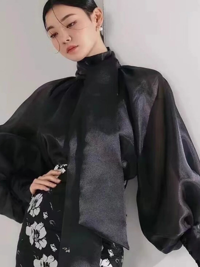 Korean Sle  Knot Bubble Sve irt Women's New 2026 Ele Faionable Chiffon See-tough Top Long Sve Stan...