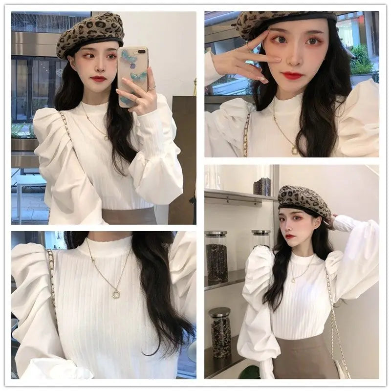 Ele White Bubble Sve Base irt Women's Unique Design Small ence 2025 New Autumn Winter Chic f High Collar Top