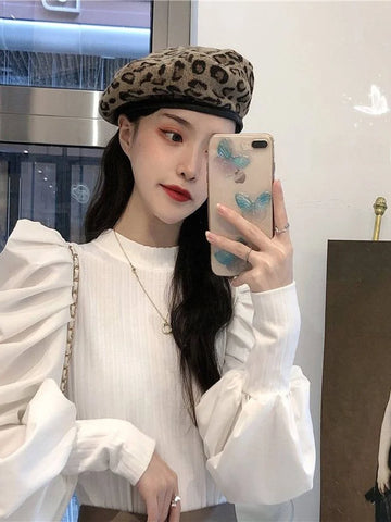 Ele White Bubble Sve Base irt Women's Unique Design Small ence 2025 New Autumn Winter Chic f High Collar Top