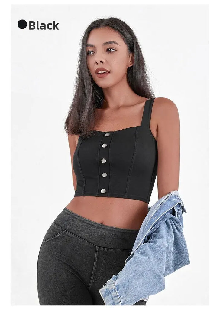Women's Imitation Denim Fitn Yoga Vest High Elastici A-Line Narrow Strap Vest Eco-Friendly RPET Material No Chest Pad