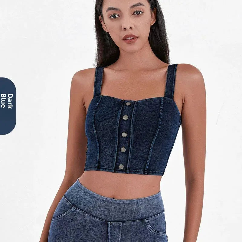Women's Imitation Denim Fitn Yoga Vest High Elastici A-Line Narrow Strap Vest Eco-Friendly RPET Material No Chest Pad