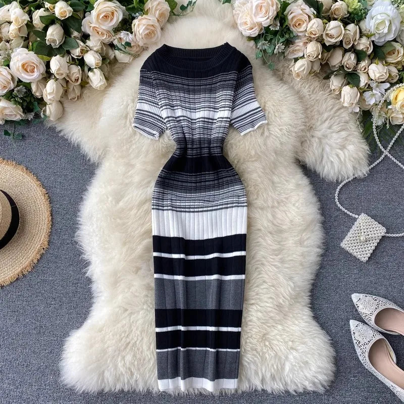 YuooMuoo Lady Stripes Knitted Bodycon Office Dress Summer Slim Elastic Sexy Package Hips Party Dress Women Outfits Vestidos