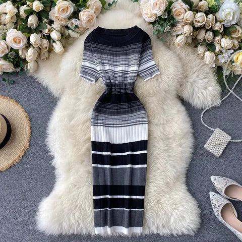 YuooMuoo Lady Stripes Knitted Bodycon Office Dress Summer Slim Elastic Sexy Package Hips Party Dress Women Outfits Vestidos