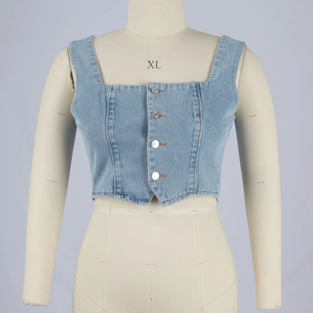 Fashion Slimming Streetwear Square Neck Denim Tops Women's Sexy Sleeveless Suspender Button Down Crop Solid Color Basic Tank Top
