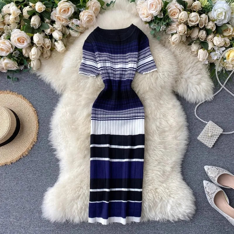 YuooMuoo Lady Stripes Knitted Bodycon Office Dress Summer Slim Elastic Sexy Package Hips Party Dress Women Outfits Vestidos