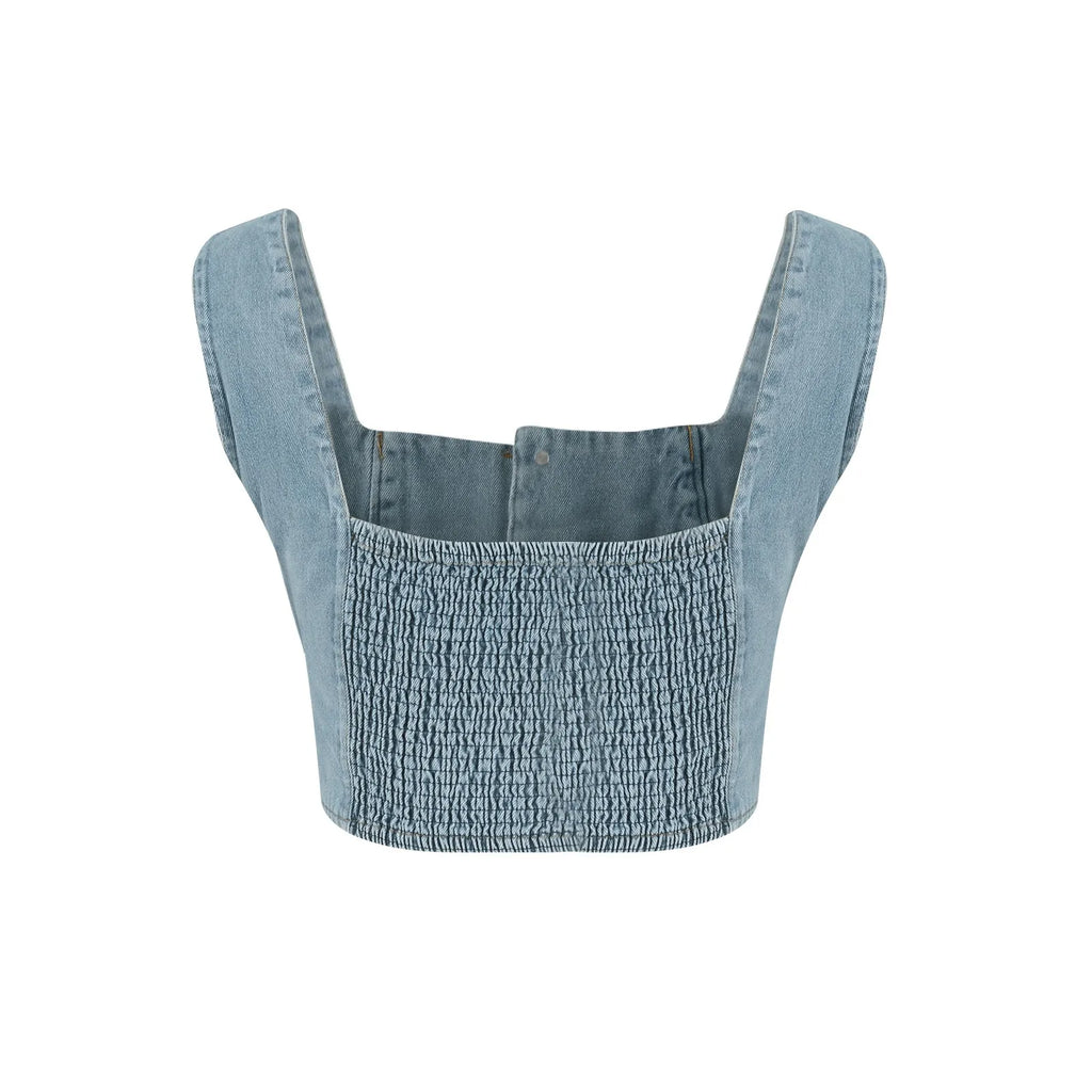 Fashion Slimming Streetwear Square Neck Denim Tops Women's Sexy Sleeveless Suspender Button Down Crop Solid Color Basic Tank Top