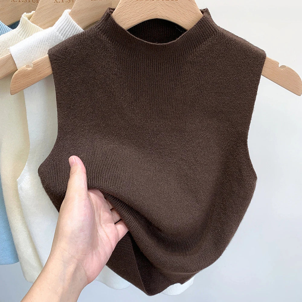 Women's Vest Tank Top Solid Color Knitted Tees Cropped Camisole Sweater Half-turtleneck Spring Autumn Sleeveless топ женский