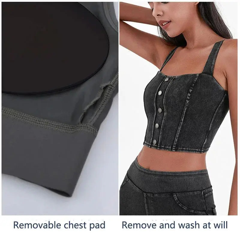 Women's Imitation Denim Fitn Yoga Vest High Elastici A-Line Narrow Strap Vest Eco-Friendly RPET Material No Chest Pad
