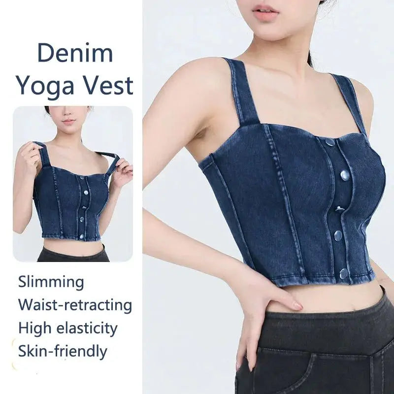 Women's Imitation Denim Fitn Yoga Vest High Elastici A-Line Narrow Strap Vest Eco-Friendly RPET Material No Chest Pad