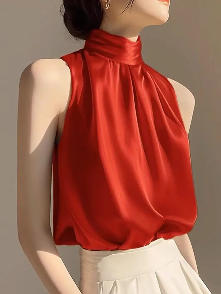 Fashionable Summer Women's Sleeveless Neck Hanging Vest Shirt Chiffon Satin Fabric Korean Style Loose Fit  Color Top