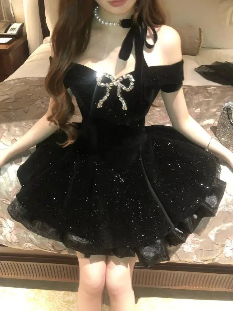 Black Evening Party Dress Woman Gothic Off Shoulder American Vintage Y2k Mini Dress Female Office Lady Birthday Outfits Korean