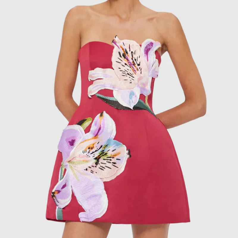 Flower Print Strapless Slim Fit Party Dress Sexy Strapless Design Women's A-line Dresses Summer Backless Bridesmaid Short Dress
