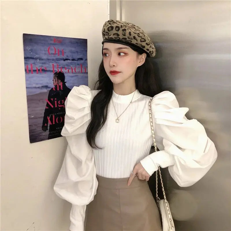 Ele White Bubble Sve Base irt Women's Unique Design Small ence 2025 New Autumn Winter Chic f High Collar Top