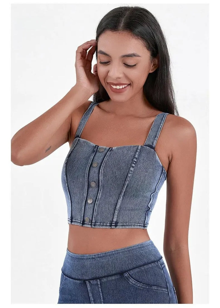 Women's Imitation Denim Fitn Yoga Vest High Elastici A-Line Narrow Strap Vest Eco-Friendly RPET Material No Chest Pad