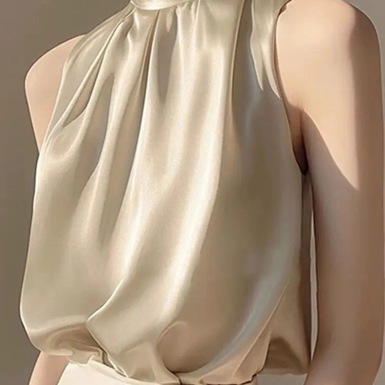 Fashionable Summer Women's Sleeveless Neck Hanging Vest Shirt Chiffon Satin Fabric Korean Style Loose Fit  Color Top