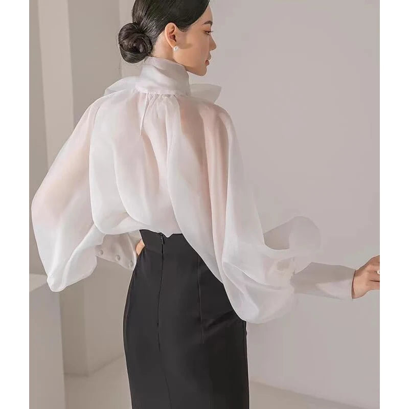 Korean Sle  Knot Bubble Sve irt Women's New 2026 Ele Faionable Chiffon See-tough Top Long Sve Stan...