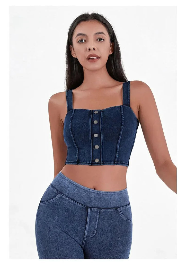 Women's Imitation Denim Fitn Yoga Vest High Elastici A-Line Narrow Strap Vest Eco-Friendly RPET Material No Chest Pad