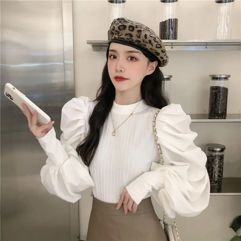 Ele White Bubble Sve Base irt Women's Unique Design Small ence 2025 New Autumn Winter Chic f High Collar Top