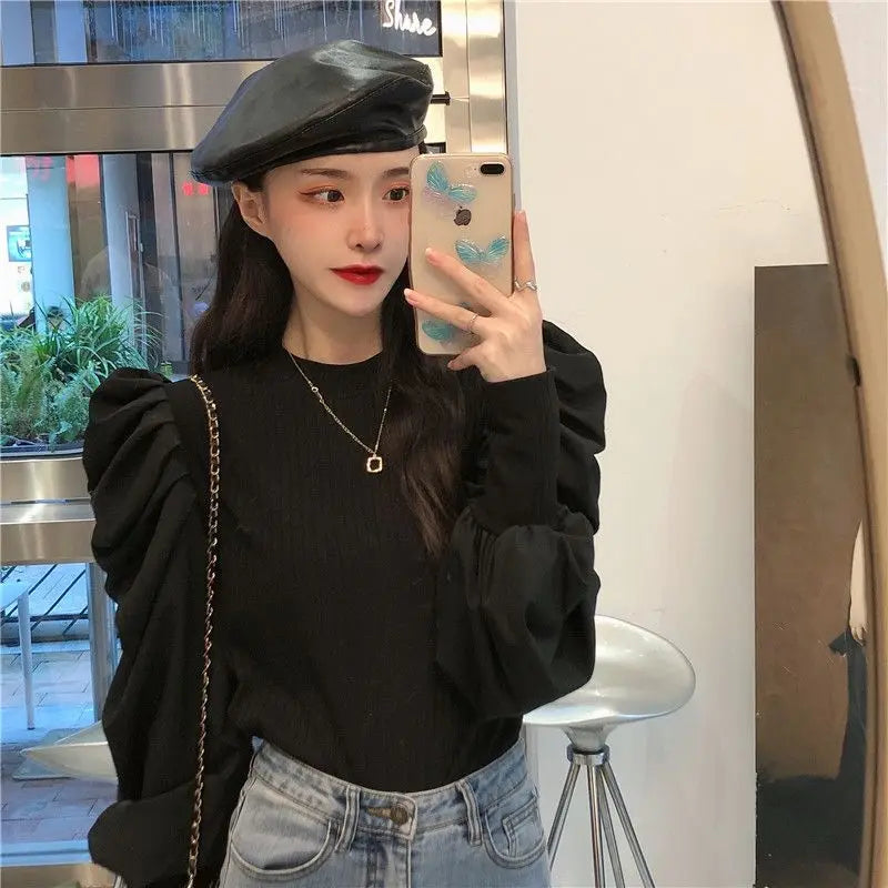 Ele White Bubble Sve Base irt Women's Unique Design Small ence 2025 New Autumn Winter Chic f High Collar Top