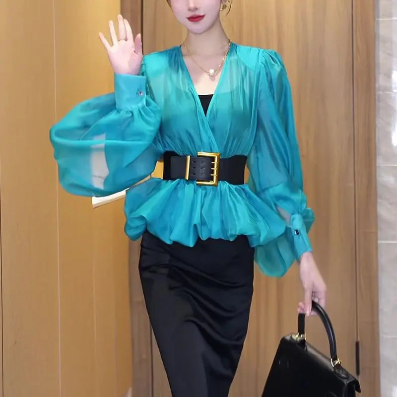 Spring and summer light mesh micro-transparent bubble sleeve shirt women's 2025 spring new high-end temperament V-neck top