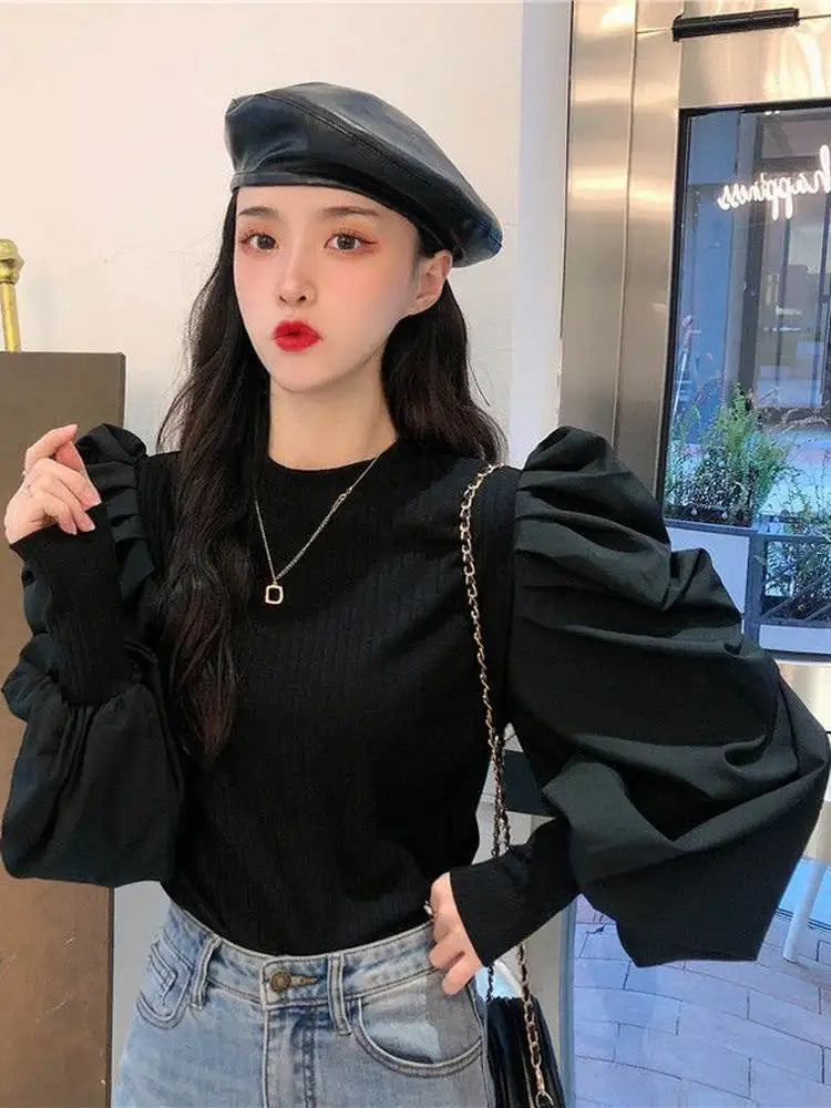 Ele White Bubble Sve Base irt Women's Unique Design Small ence 2025 New Autumn Winter Chic f High Collar Top
