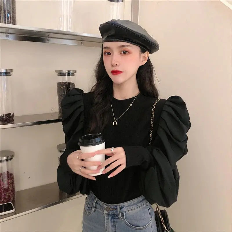 Ele White Bubble Sve Base irt Women's Unique Design Small ence 2025 New Autumn Winter Chic f High Collar Top