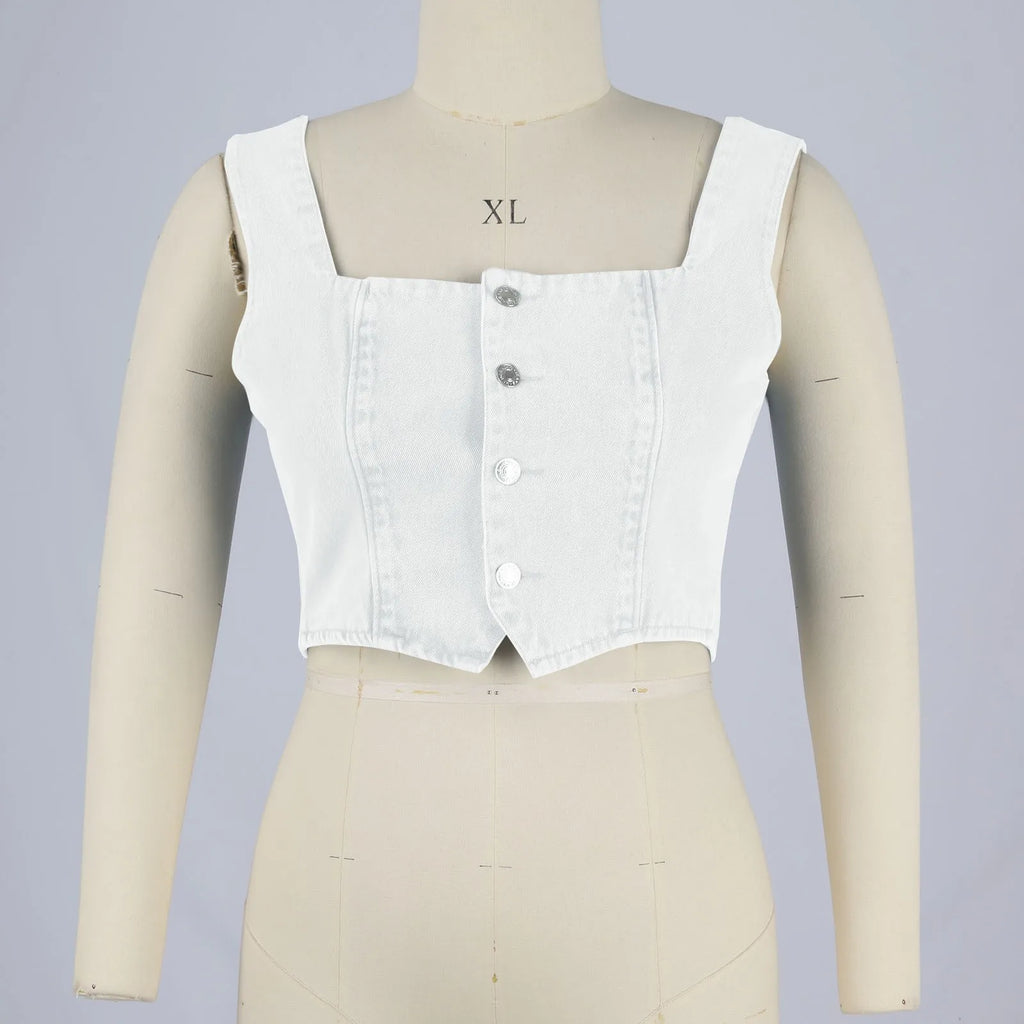 Fashion Slimming Streetwear Square Neck Denim Tops Women's Sexy Sleeveless Suspender Button Down Crop Solid Color Basic Tank Top