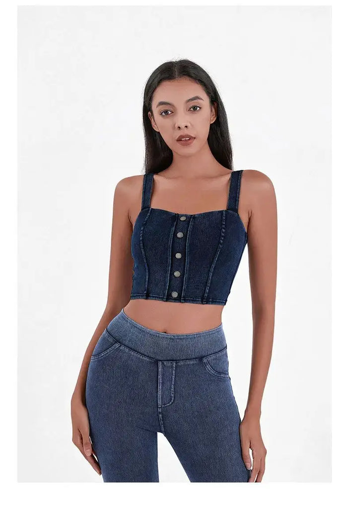Women's Imitation Denim Fitn Yoga Vest High Elastici A-Line Narrow Strap Vest Eco-Friendly RPET Material No Chest Pad