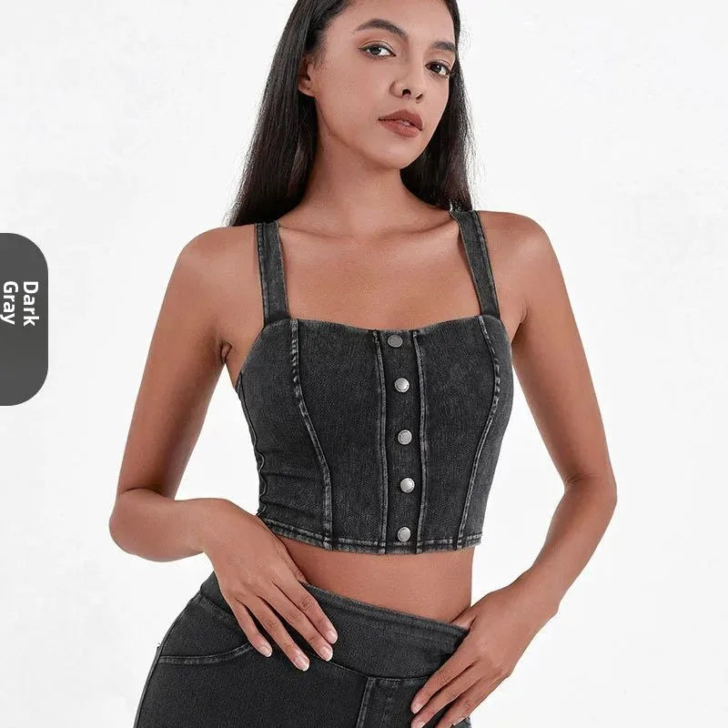 Women's Imitation Denim Fitn Yoga Vest High Elastici A-Line Narrow Strap Vest Eco-Friendly RPET Material No Chest Pad