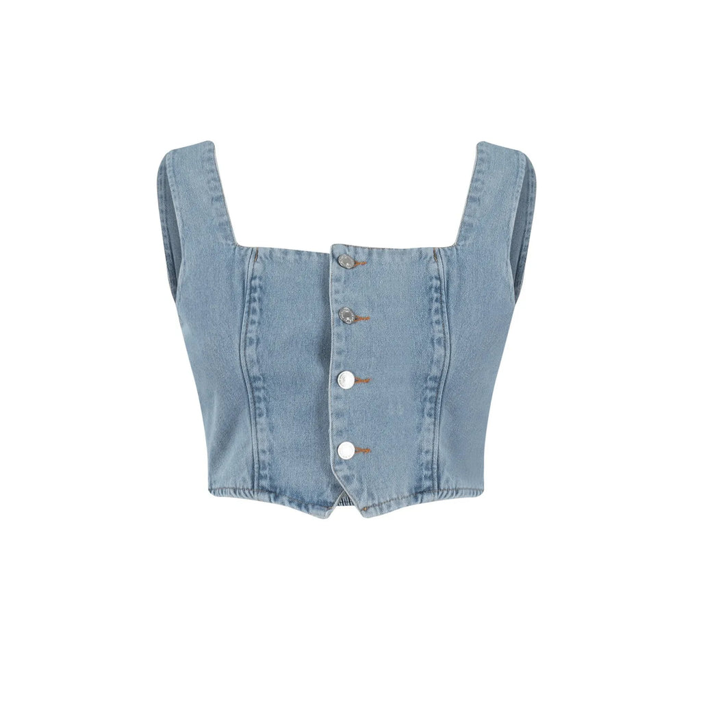 Fashion Slimming Streetwear Square Neck Denim Tops Women's Sexy Sleeveless Suspender Button Down Crop Solid Color Basic Tank Top