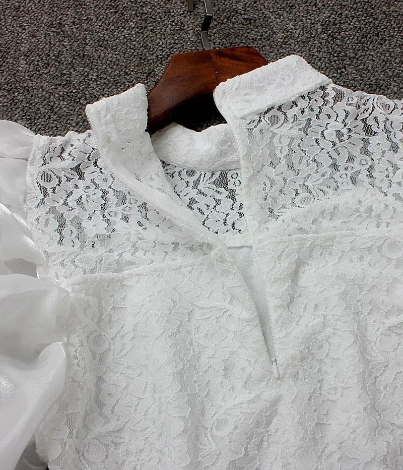 Women  Blouse Ruffled  Mesh  Summer Casual Loose Tops Korean Fashion Lantern Short Sleeve Shirts Vintage Solid Round Neck Tee