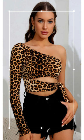 Leopard Cutout One-Shoulder Cropped Top