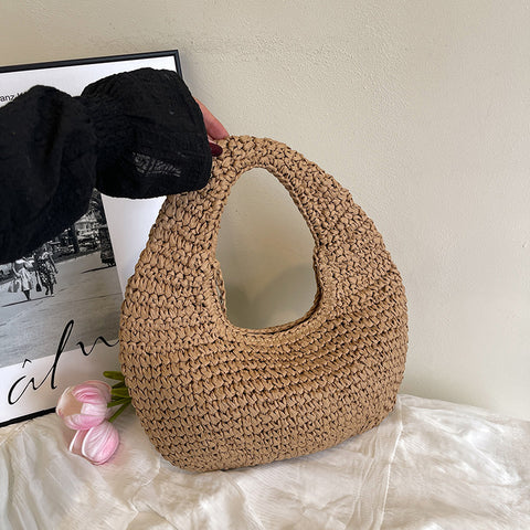 Beach-style Straw Sand Beach Bag Solid-color Crescent-shaped Tote