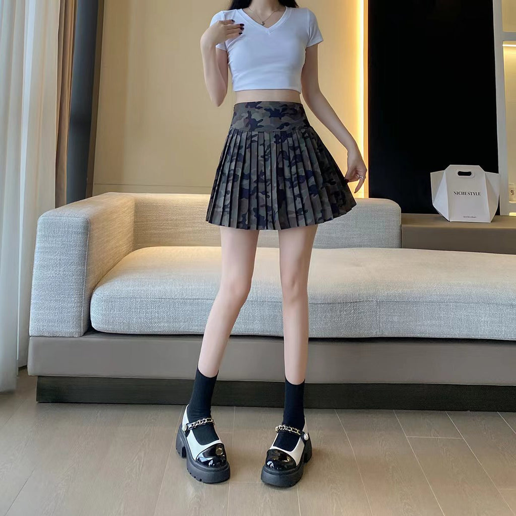 Camouflage All-Match Mid-Rise Pleated A-Line Skirt