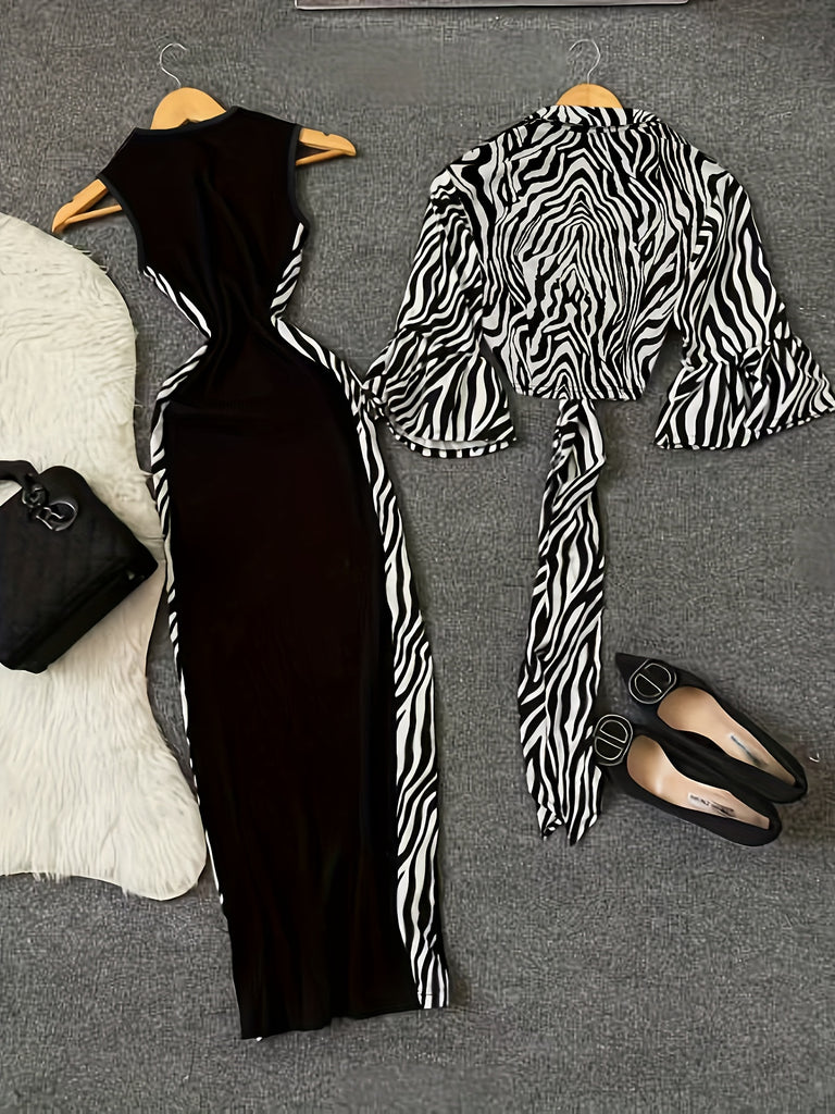 Women'S Y2K Style Leopard Print Top and Color Block Dress Set - Sleeveless, Button-Up, High-Waisted, All-Season Fashion, Casual Attire|Y2K Fashion|Sleeveless Top, Women Dresses, Women Set, Women Dress Autumn