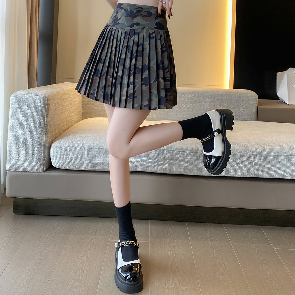 Camouflage All-Match Mid-Rise Pleated A-Line Skirt