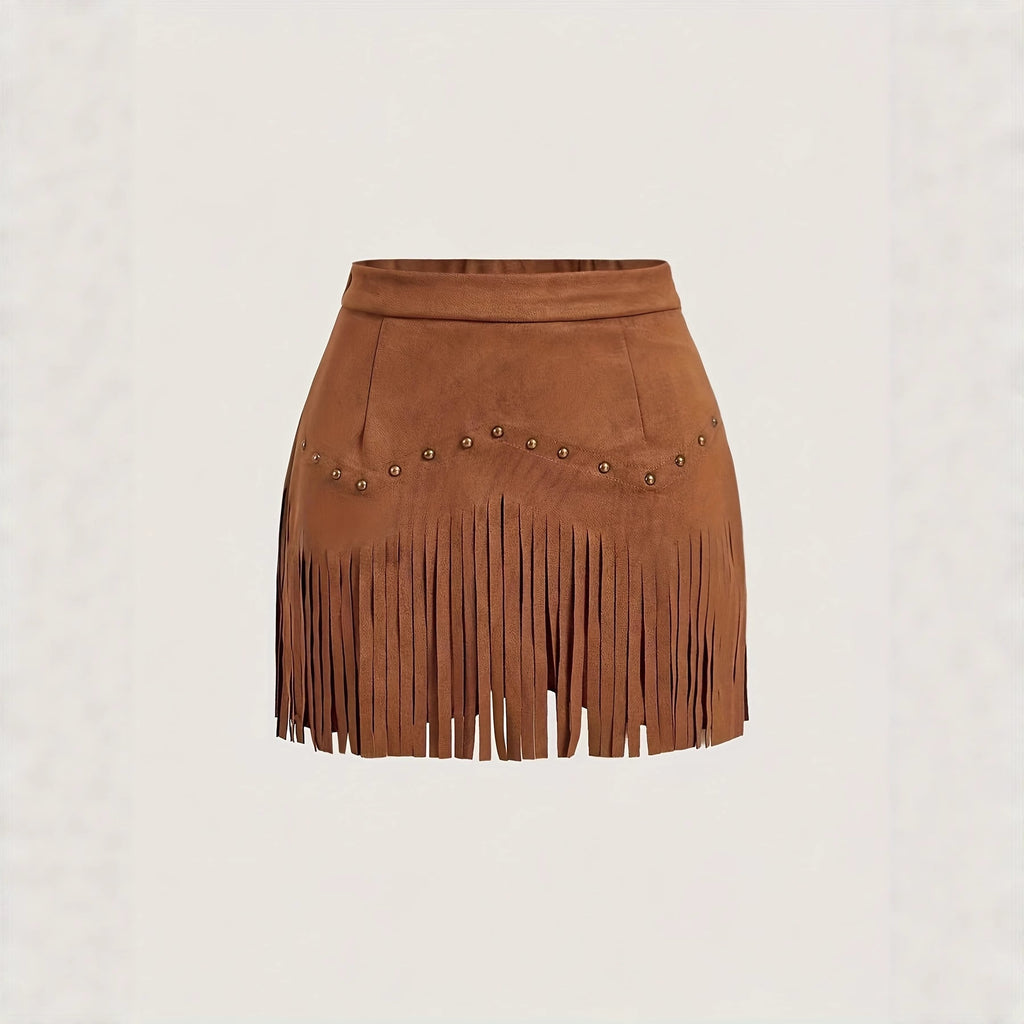 Womens Retro Rivet Tassel Mini Skirt
