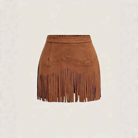 Womens Retro Rivet Tassel Mini Skirt