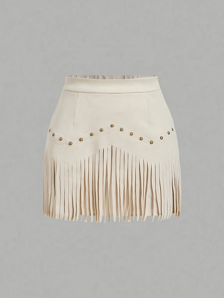 Womens Retro Rivet Tassel Mini Skirt